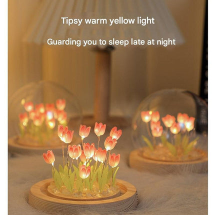 (Thirteen Pink Tulips) Glowing Tulip Dome Lamp -  Wooden Base, Bedside Table Decoration