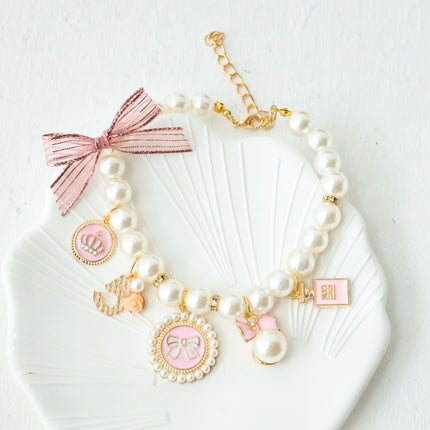 Pink 4-PCS Pearl Charm Pet Necklace - Adjustable Bowknot Collar for Small Dogs & Cats (L: 30+5CM)