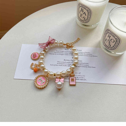 Pink 4-PCS Pearl Charm Pet Necklace - Adjustable Bowknot Collar for Small Dogs & Cats (L: 30+5CM)