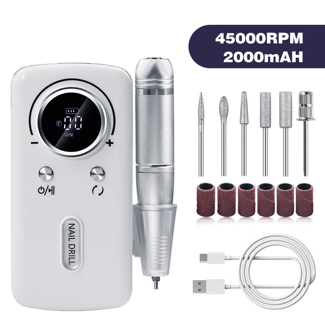 White Professional Electric Nail Drill 45000RPM Rechargeable Nail Grinder Polisher for Salon & Home Use