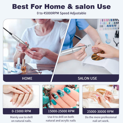 White Professional Electric Nail Drill, 45000RPM Rechargeable Nail Grinder Polisher for Salon & Home Use