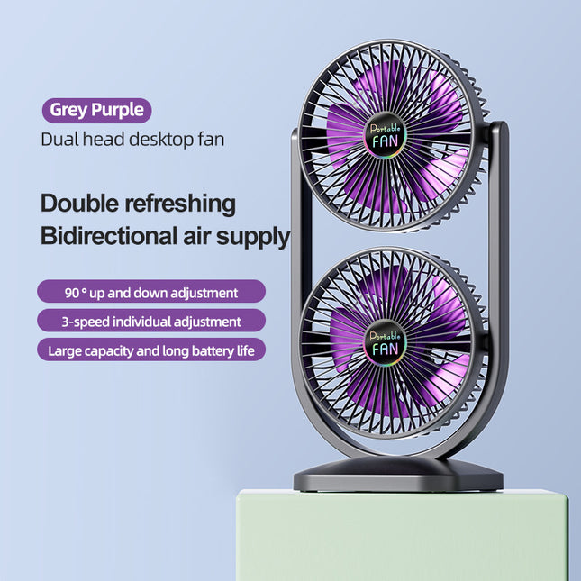 Purple Dual Head USB Rechargeable Desk Fan – product detail