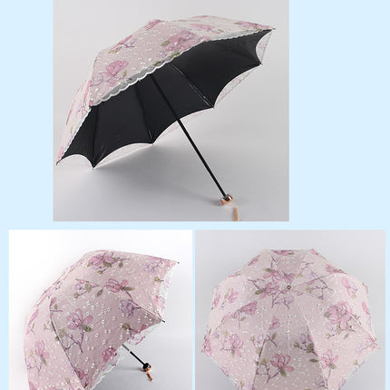 Pink Elegant Lace Parasol - UV Protection, Sun & Rain Umbrella, Tri-Fold Design