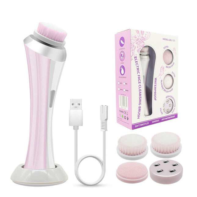 Pink Rechargeable Facial Cleansing Brush Kit with 4 Heads & Charging Dock V888-ELOSUNG22779