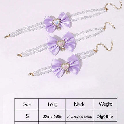 2 - PCS Cute Pet Pearl Necklace Collar with Purple Bow and Heart Charm - Size M