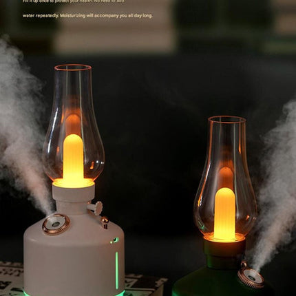 White Retro Kerosene Lamp Humidifier - Rechargeable Cool Mist Maker with Dimmable Light