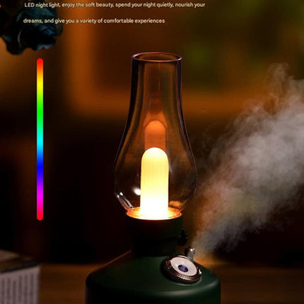 Green Retro Kerosene Lamp Humidifier - Rechargeable Cool Mist Maker with Dimmable Light