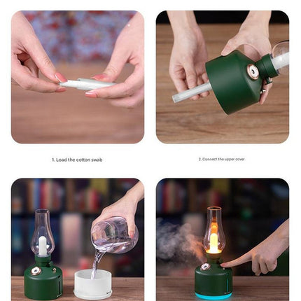 Green Retro Kerosene Lamp Humidifier - Rechargeable Cool Mist Maker with Dimmable Light