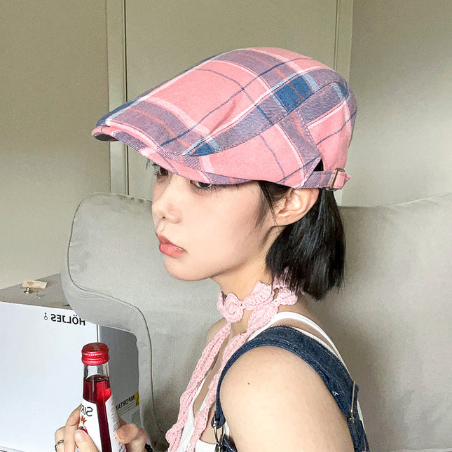 2-PCS Pink Lightweight Checkered Flat Cap