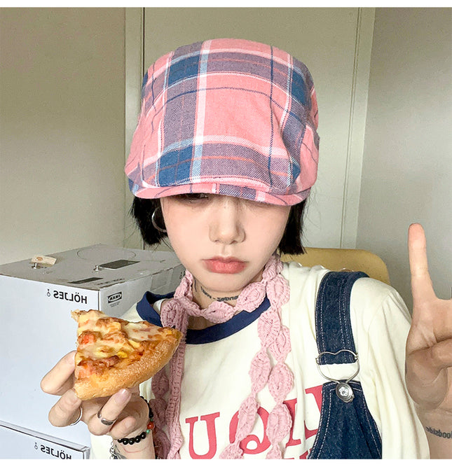 2-PCS Pink Lightweight Checkered Flat Cap – product detail