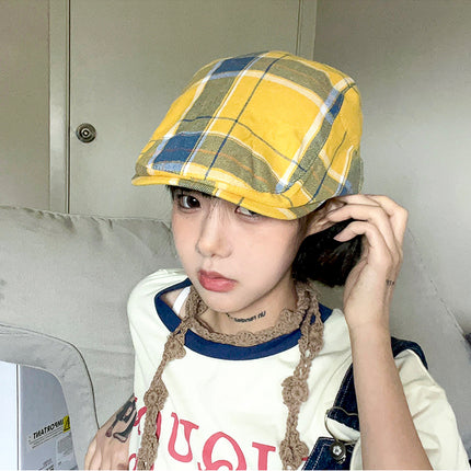 2-PCS Yellow Lightweight Checkered Flat Cap - Adjustable Retro Driver Hat for Men & Women