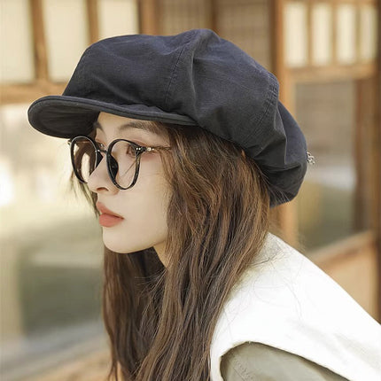 Black Women's Vintage Style Baker Boy Cap - Soft Cotton Linen Blend