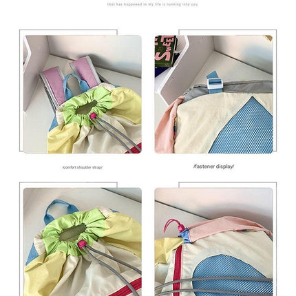 Green Colorblock Drawstring Backpack - Lightweight Nylon Bag with Heart Mesh Pocket