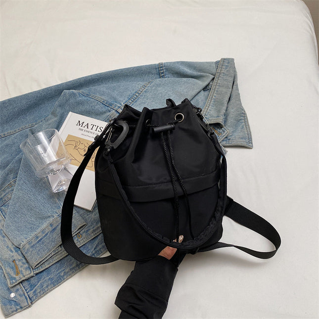 Black Casual Nylon Drawstring Bucket Bag