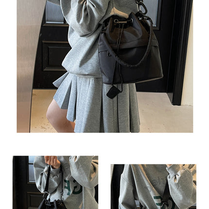 Black Casual Nylon Drawstring Bucket Bag - Adjustable Strap Crossbody Purse