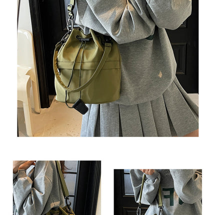 Army green Casual Nylon Drawstring Bucket Bag - Adjustable Strap Crossbody Purse