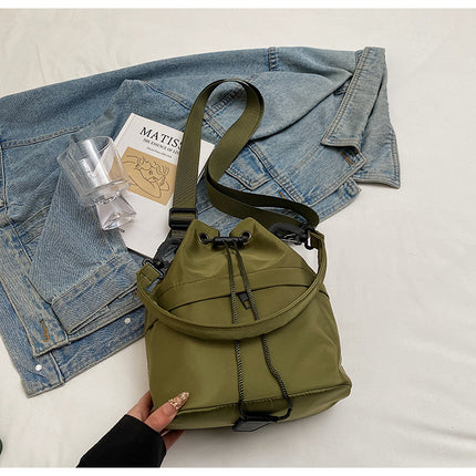 Army green Casual Nylon Drawstring Bucket Bag - Adjustable Strap Crossbody Purse
