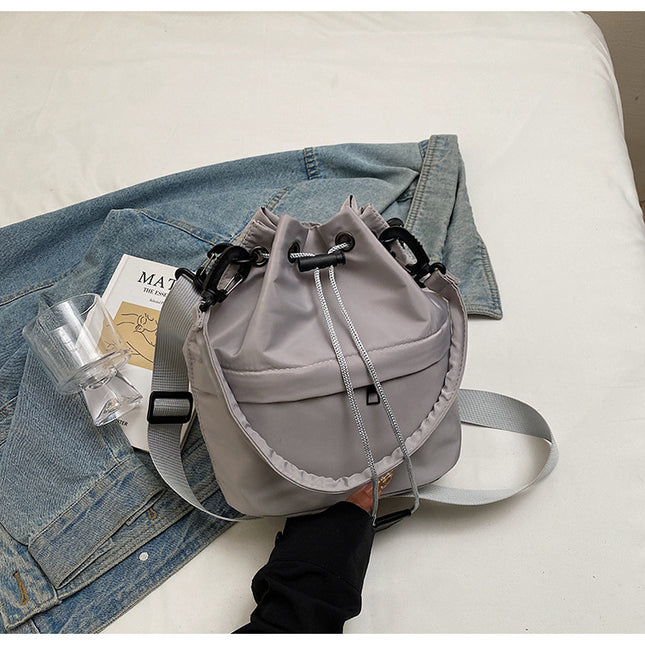 Gray Casual Nylon Drawstring Bucket Bag