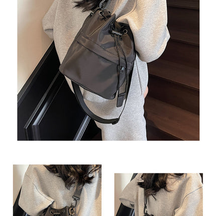 Gray Casual Nylon Drawstring Bucket Bag - Adjustable Strap Crossbody Purse