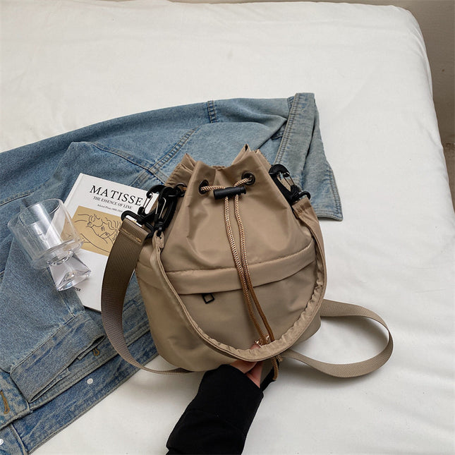 Khaki Casual Nylon Drawstring Bucket Bag