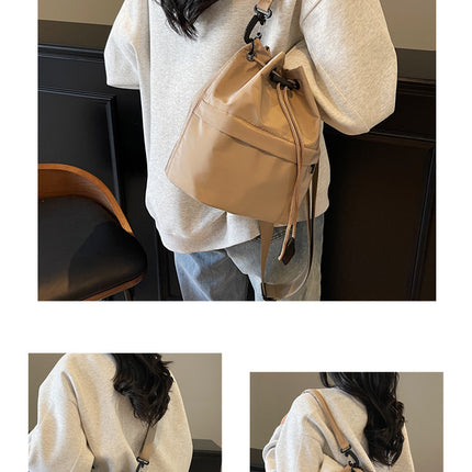 Khaki Casual Nylon Drawstring Bucket Bag - Adjustable Strap Crossbody Purse