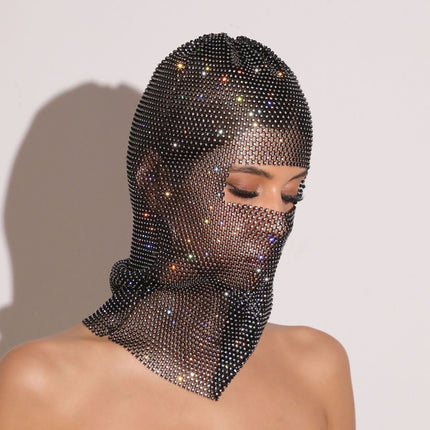 Champagne Glitter Rhinestone Face Balaclava - Trendy Music Festival Head Cover, 37cm