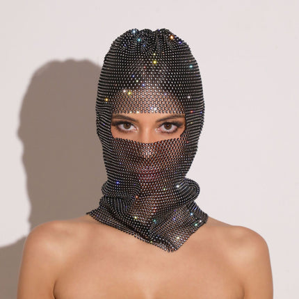 White colored diamonds Glitter Rhinestone Face Balaclava - Trendy Music Festival Head Cover, 37cm