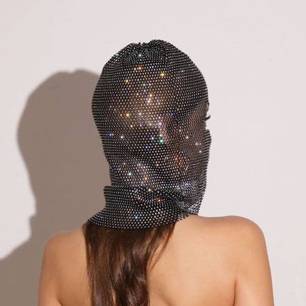 White colored diamonds Glitter Rhinestone Face Balaclava - Trendy Music Festival Head Cover, 37cm