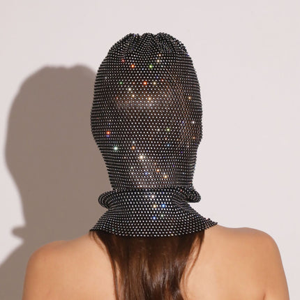 White colored diamonds Glitter Rhinestone Face Balaclava - Trendy Music Festival Head Cover, 37cm