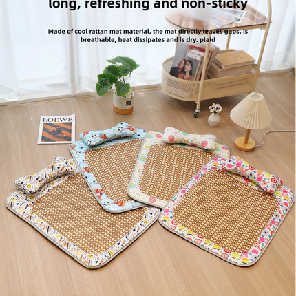 Size S Style 1 Pink And Brown Pet Cooling Mat for Dogs and Cats - Summer Breathable Woven Rattan Bed with Sponge Cushion, Durable and Chew-Resistant