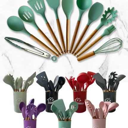 Black And Brown 12-Piece Silicone Kitchen Utensil Set - Non-Stick Food-Grade Silicone Cooking Tools with Wooden Handles and Holder