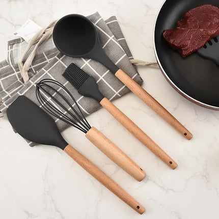 Dark Grey And Brown 12-Piece Silicone Kitchen Utensil Set - Non-Stick Food-Grade Silicone Cooking Tools with Wooden Handles and Holder