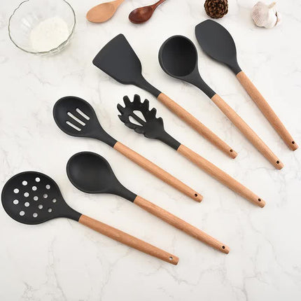 Light Grey And Brown 12-Piece Silicone Kitchen Utensil Set - Non-Stick Food-Grade Silicone Cooking Tools with Wooden Handles and Holder