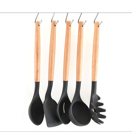 Green And Brown 12-Piece Silicone Kitchen Utensil Set - Non-Stick Food-Grade Silicone Cooking Tools with Wooden Handles and Holder