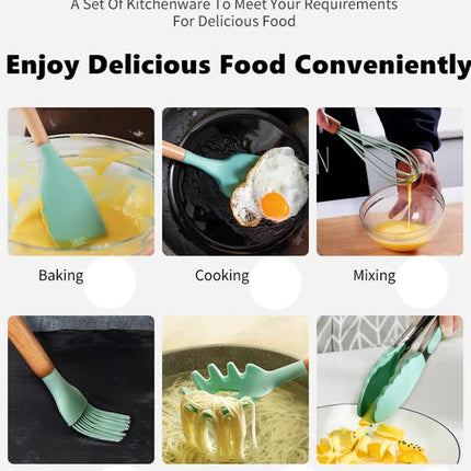 Green And Brown 12-Piece Silicone Kitchen Utensil Set - Non-Stick Food-Grade Silicone Cooking Tools with Wooden Handles and Holder