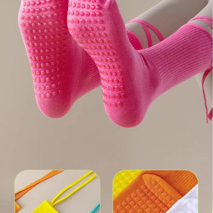3 Pcs Orange Non-Slip Yoga Socks with Cross Straps - Cotton Pilates Dance Socks for Women, Lightweight Comfort