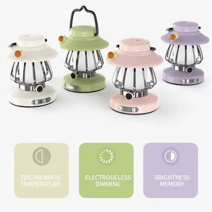 White Retro Snail Night Light - Portable Rechargeable Camping Lantern with Hook, 3-Color Dimming