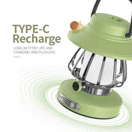 White Retro Snail Night Light - Portable Rechargeable Camping Lantern with Hook, 3-Color Dimming