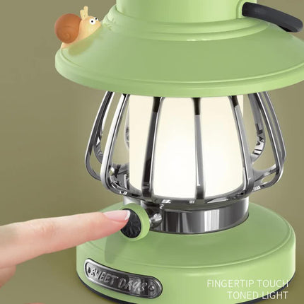 White Retro Snail Night Light - Portable Rechargeable Camping Lantern with Hook, 3-Color Dimming