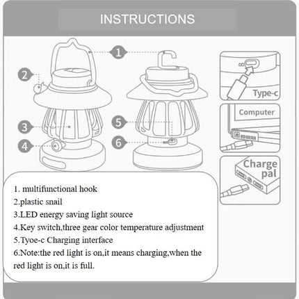 White Retro Snail Night Light - Portable Rechargeable Camping Lantern with Hook, 3-Color Dimming