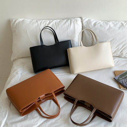 Beige Large Capacity Tote Bag - Minimalist PU Leather Handbag for Daily Commute