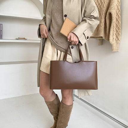 Beige Large Capacity Tote Bag - Minimalist PU Leather Handbag for Daily Commute