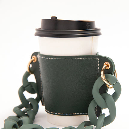 2 Pcs Black Detachable Chain Coffee Cup Sleeve - PU Leather Insulated Cup Holder with Handle, 16cm Top, 70g(Cup not included, only cup sleeve and chain)
