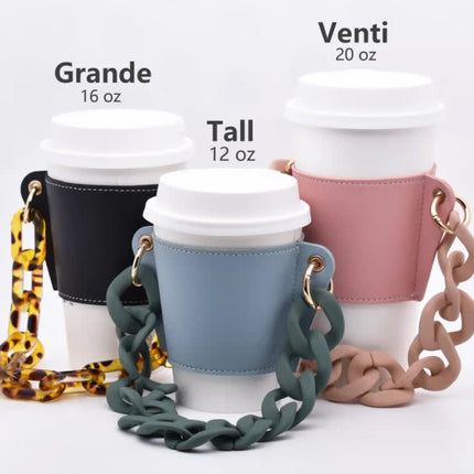 2 Pcs Blue Detachable Chain Coffee Cup Sleeve - PU Leather Insulated Cup Holder with Handle, 16cm Top, 70g(Cup not included, only cup sleeve and chain)