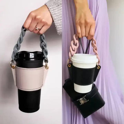 2 Pcs Dark Blue Detachable Chain Coffee Cup Sleeve - PU Leather Insulated Cup Holder with Handle, 16cm Top, 70g(Cup not included, only cup sleeve and chain)