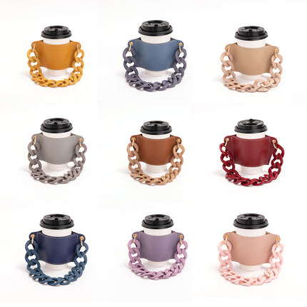 2 Pcs Beige And colored chain Detachable Chain Coffee Cup Sleeve - PU Leather Insulated Cup Holder with Handle, 16cm Top, 70g(Cup not included, only cup sleeve and chain)
