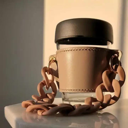 2 Pcs Beige And colored chain Detachable Chain Coffee Cup Sleeve - PU Leather Insulated Cup Holder with Handle, 16cm Top, 70g(Cup not included, only cup sleeve and chain)