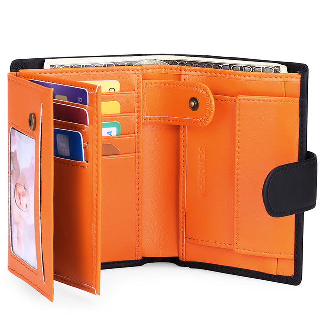 Black and Orange Men's Short Leather Wallet with RFID Protection