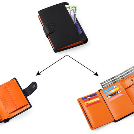Black And Orange Men's Short Leather Wallet with RFID Protection - Genuine Cowhide Cardholder with Coin Pocket