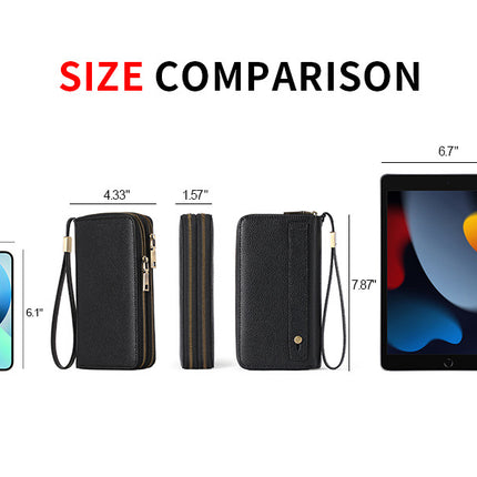 Black Double Zipper Women's Wallet - Large Capacity Clutch Organizer with Wristlet Strap